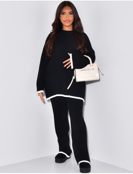   Oversized jumper and ribbed trousers with contrasting trims