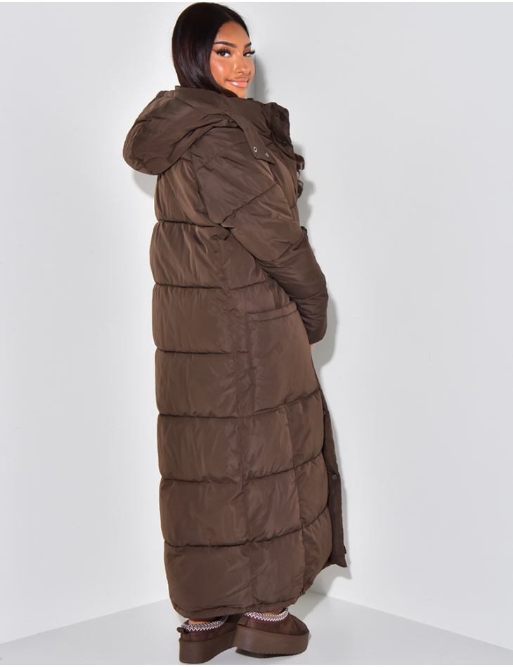 Long quilted hooded down jacket