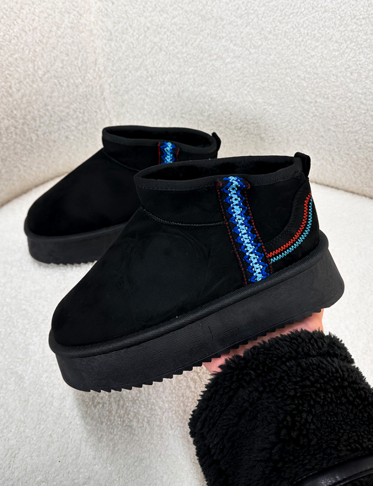   Suedette embroidered wedge booties with fur trim