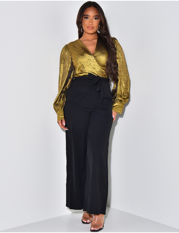 Jumpsuit with shiny wrap-around shirt