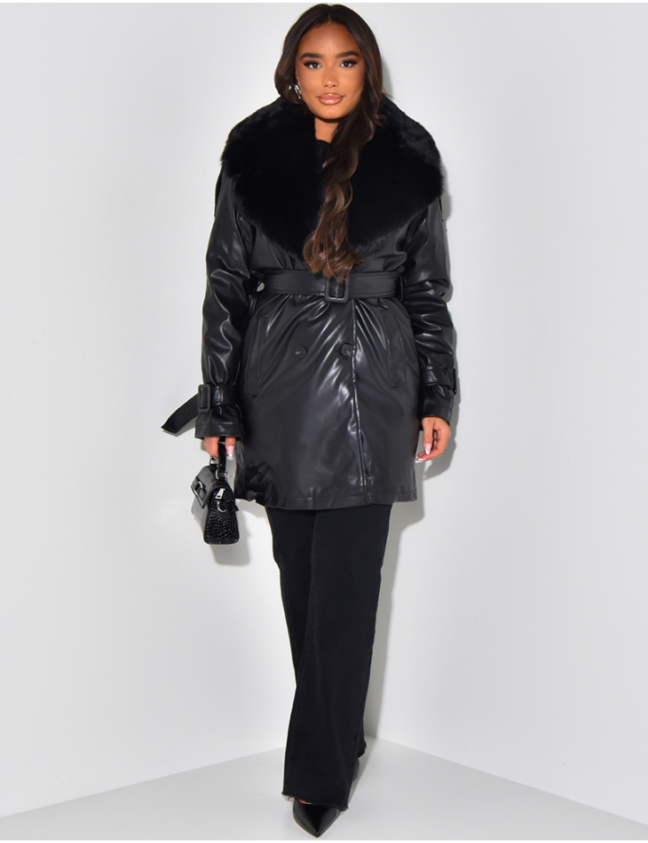 Mid-length jacket in faux leather with fur collar