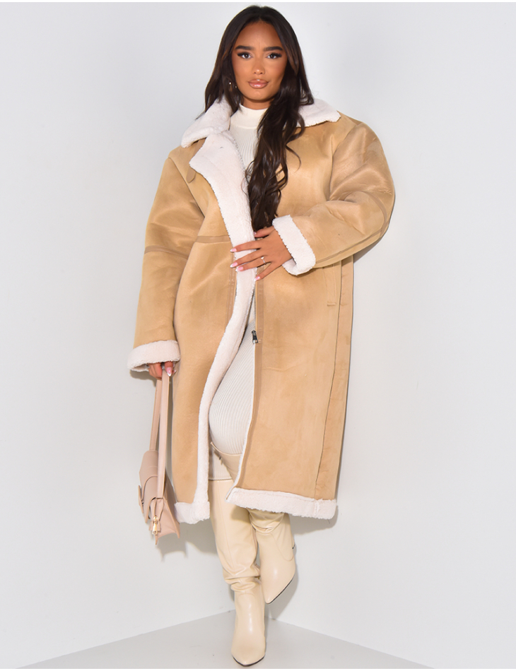 Long suedette aviator coat with sheepskin lining