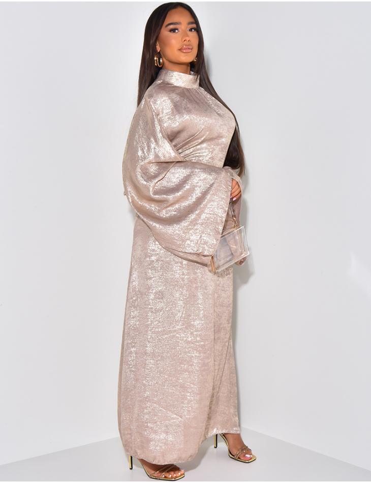 Abaya in metallic fabric with tie & flared sleeves