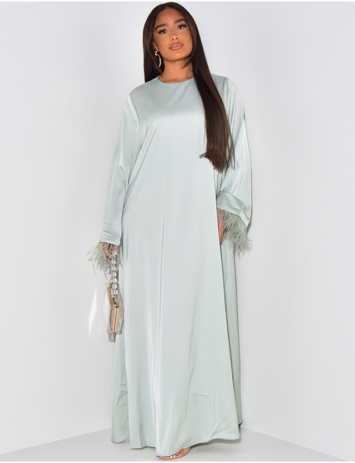 Satin abaya with small feathers on the sleeves