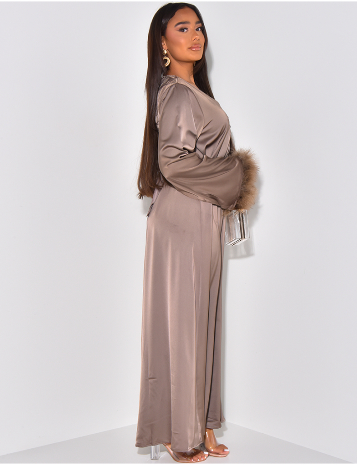 Satin abaya with buttons & feathers on sleeves