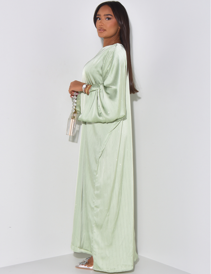 Loose-fitting satin abaya dress with rhinestones
