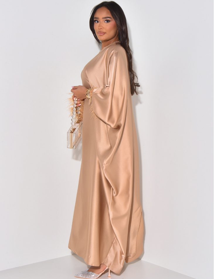 Satin abaya with feathers on sleeves, adjustable with tie