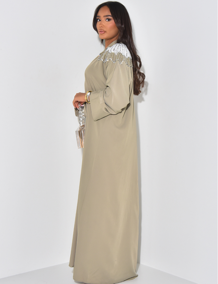 Abaya with pearls and rhinestones on the shoulders