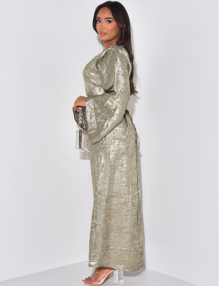 Long dress with flared sleeves to tie in the back in metallic fabric