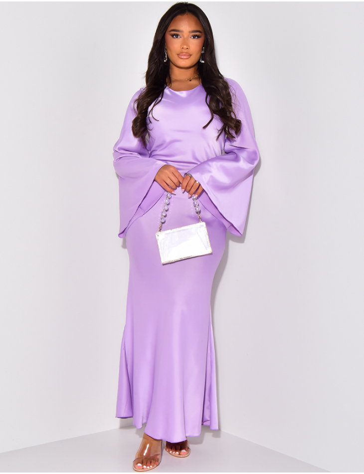   Satin maxi dress with back tie, flared sleeves