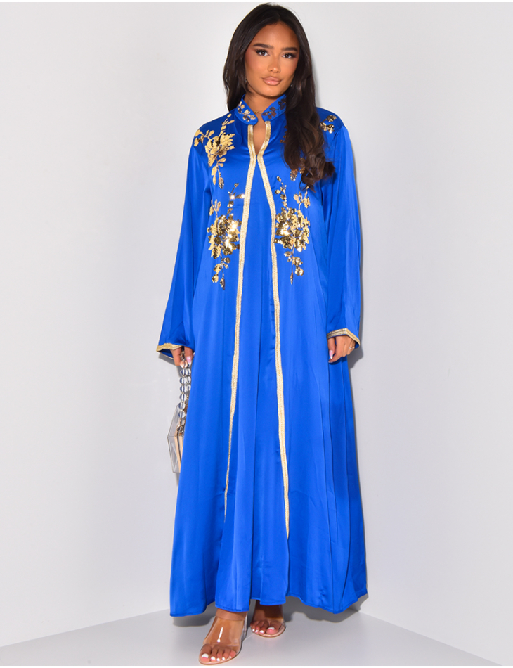 Satin abaya with embroidered sequins & gilding