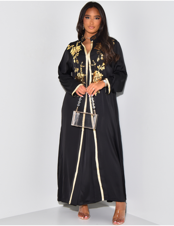Abaya en satin à sequins brodés & dorures