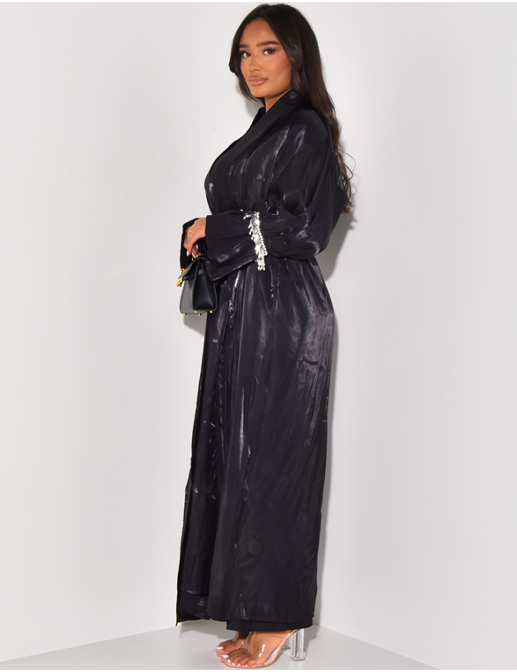 Dress and kimono set in iridescent satin with pearls and rhinestones on the sleeves
