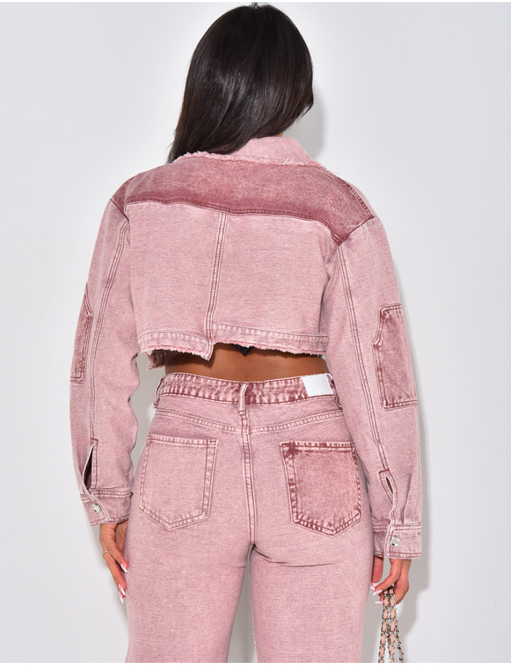 Washed-effect denim cropped jacket with contrasting inserts