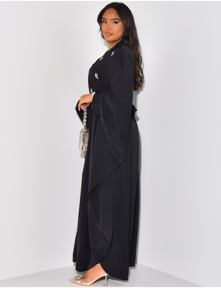 Self-tie fitted abaya dress with rhinestone flowers