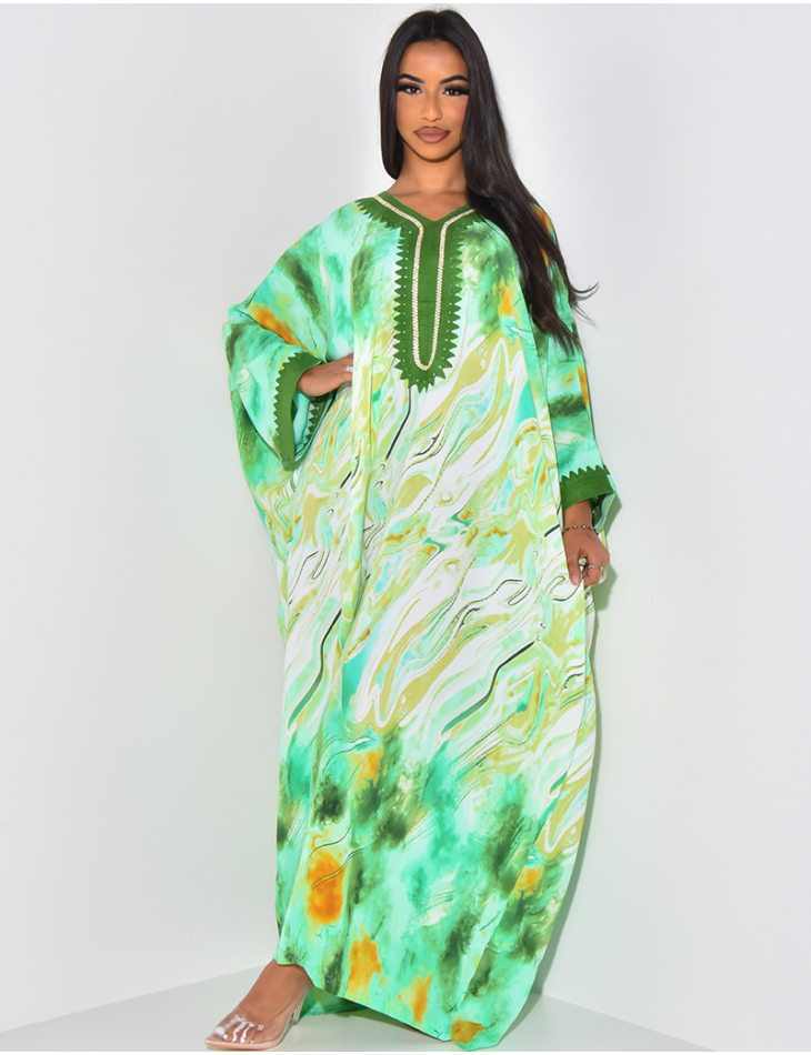 Abaya ample à motifs imprimés & broderies