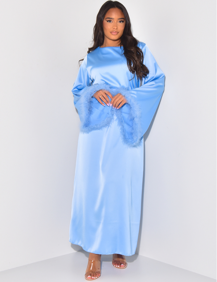 Satin abaya to tie with feathers on sleeves