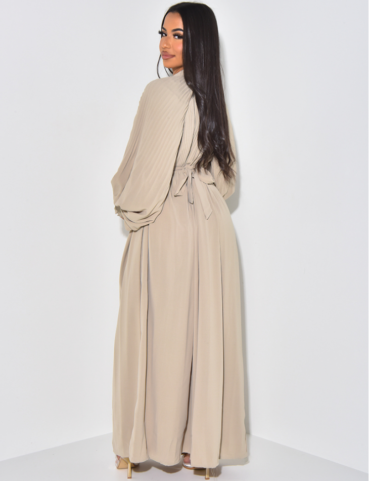 Long pleated abaya dress with belt