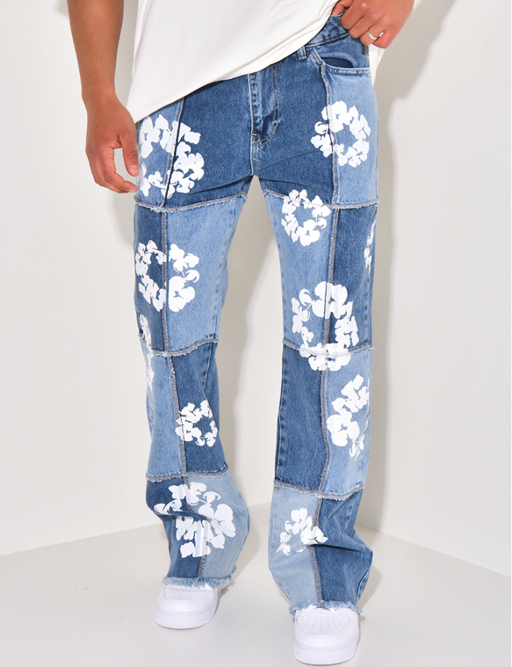 Jeans with two-tone yoke and contrasting motifs