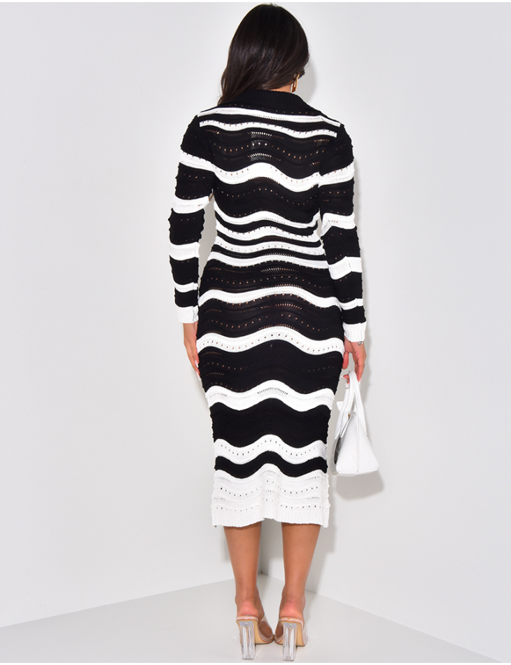 Polo neck crochet dress with contrasting stripes