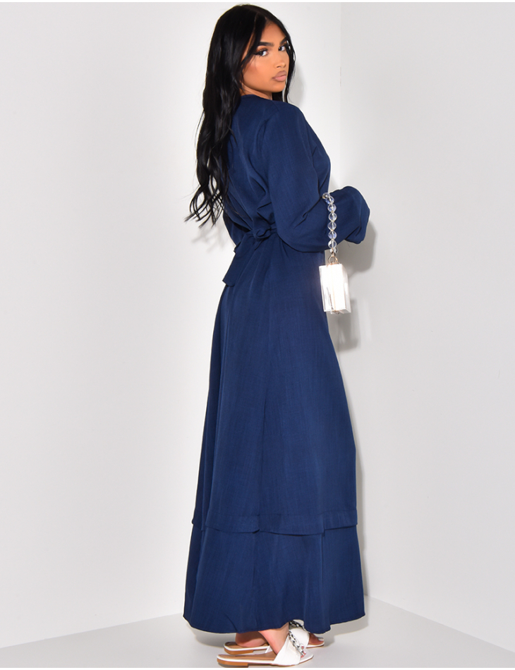 Linen-effect long dress to tie at the waist