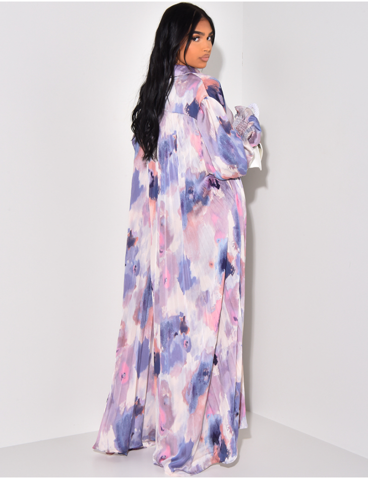 Pleated long shirt dress with printed motifs