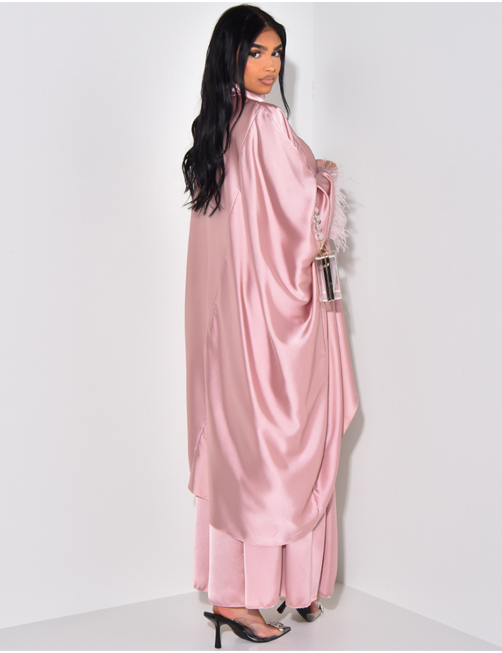Satin set with tunic adorned with feathers and long skirt