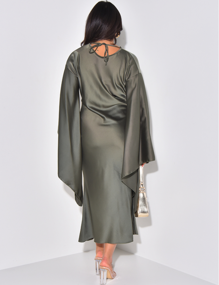 Satin maxi dress with draped collar and flared sleeves *can be worn in either direction