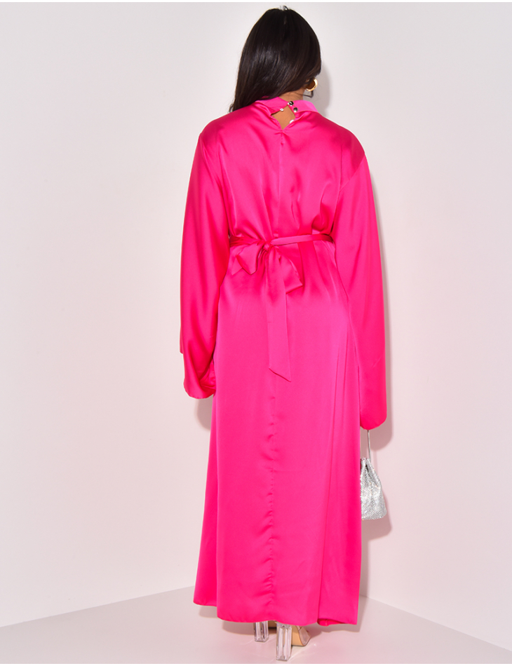 Satin maxi dress with floral belt and flared sleeves