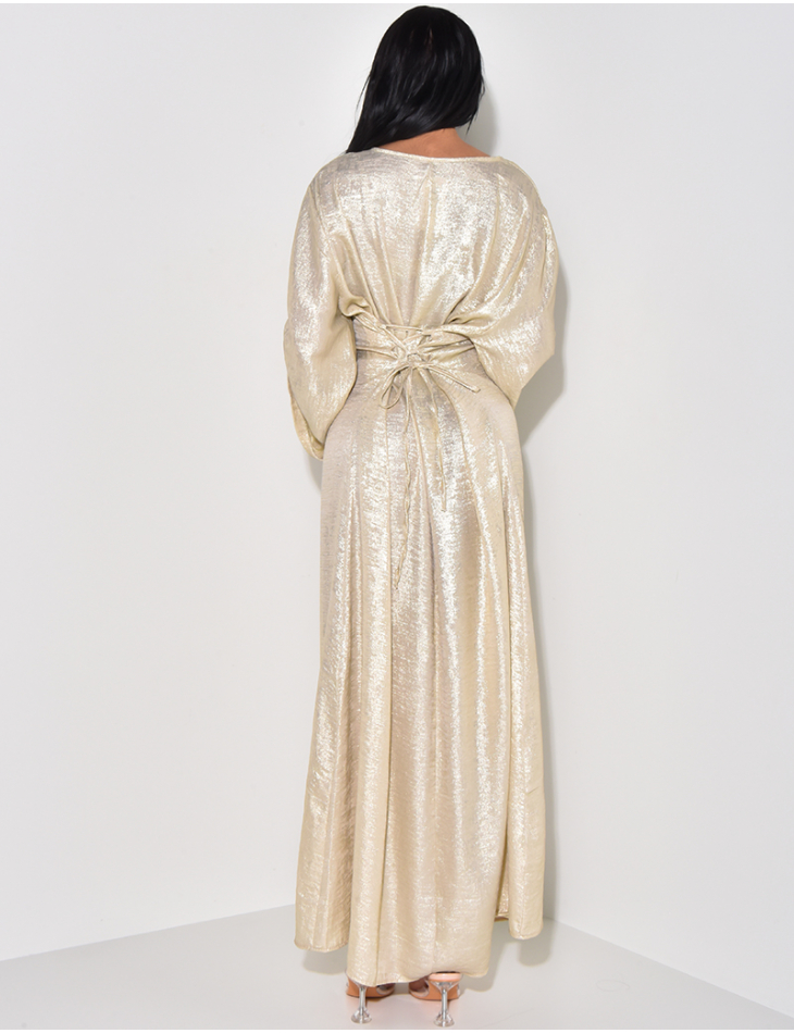 Long dress with flared sleeves to tie in the back in metallic fabric