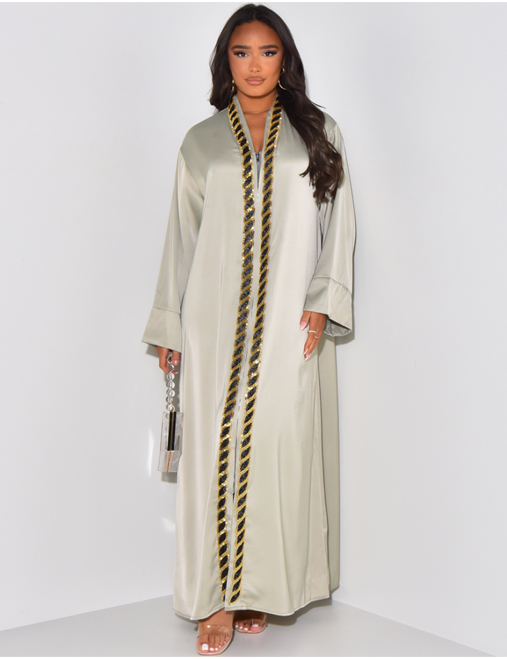 Zipped satin abaya with beaded trim