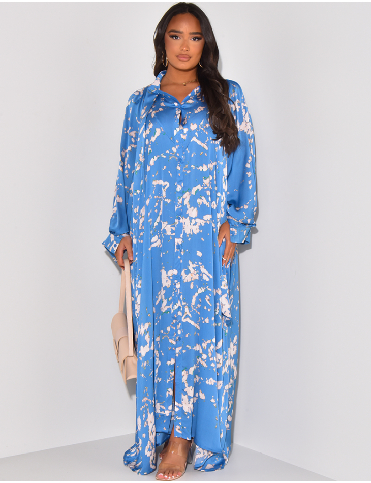 Long flowing shirt dress with pattern and bow at collar