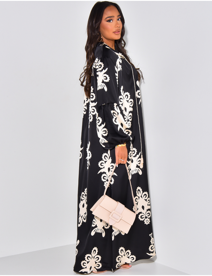   Patterned satin abaya with tassels