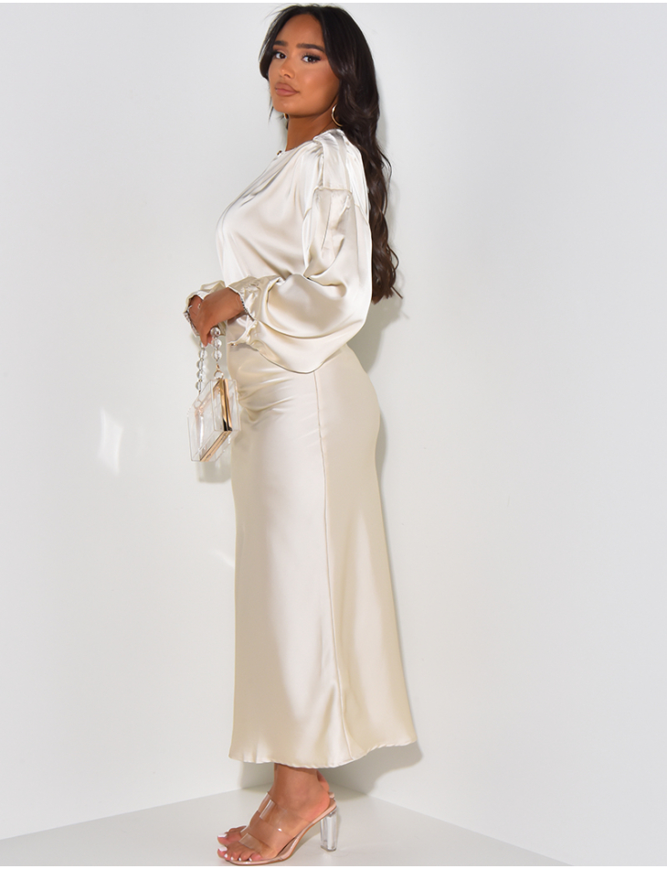 Satin blouse and belted long skirt set