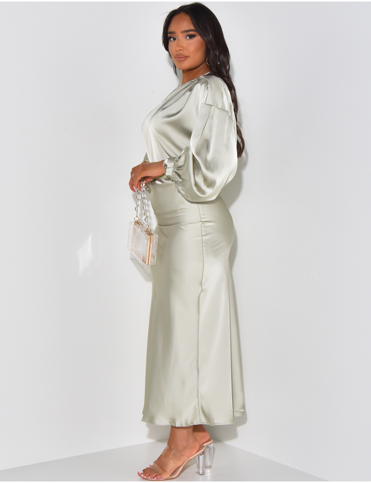 Satin blouse and belted long skirt set