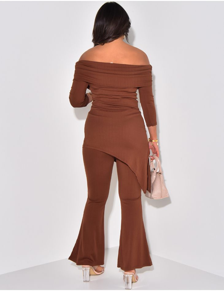 Textured trousers and asymmetric boat-neck top set