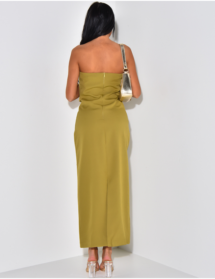 Strapless maxi dress with draped effect at waist