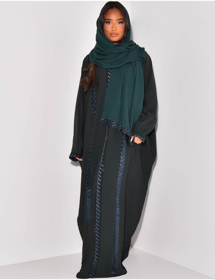Made in Dubai Abaya fitted at the waist with rhinestones & matching scarf