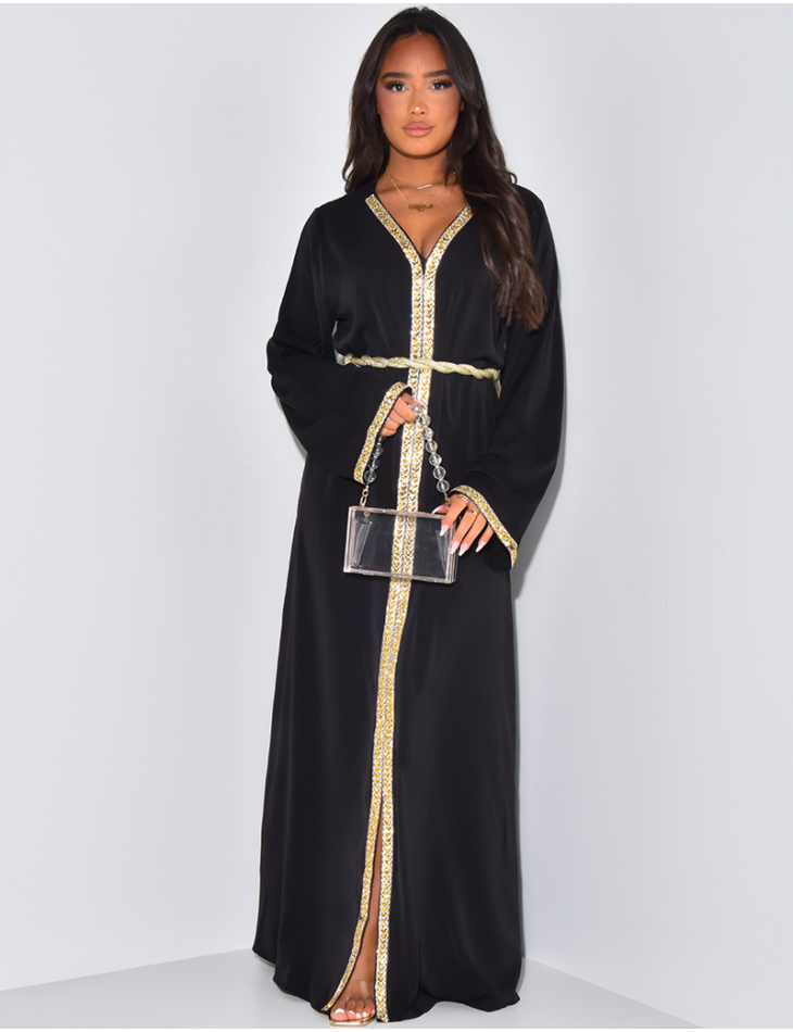 V-neck abaya with gold rhinestones