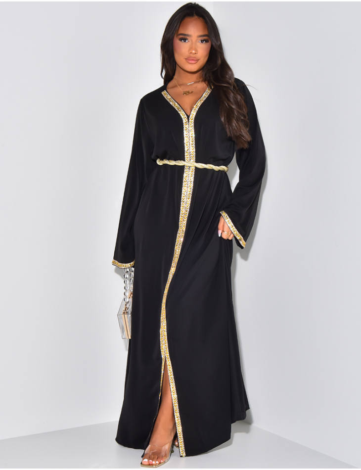 V-neck abaya with gold rhinestones