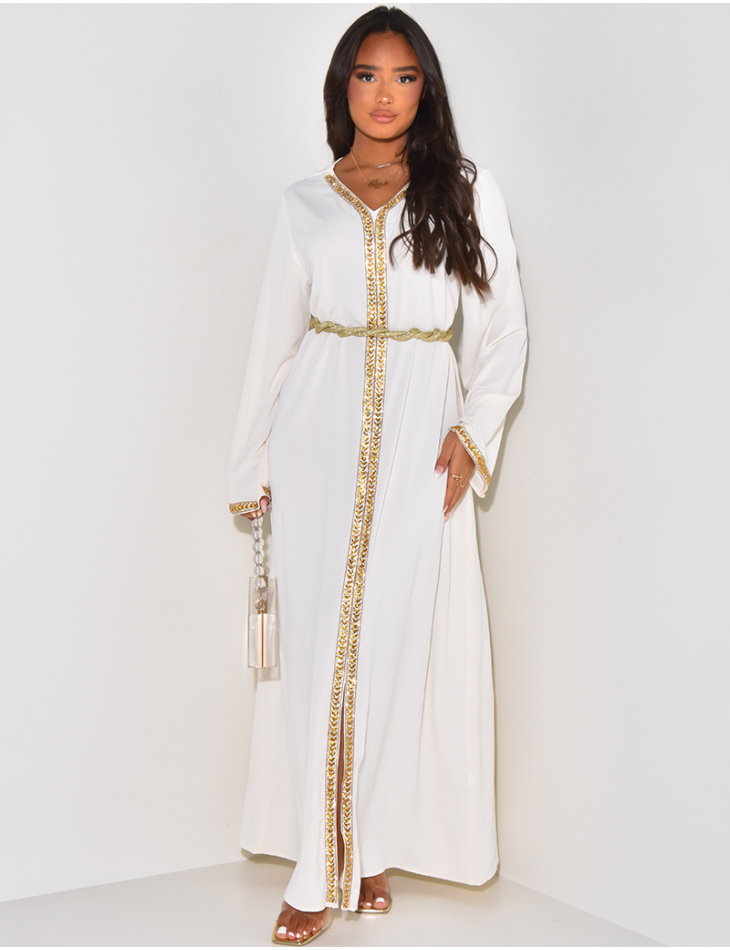 Abaya mit V-Ausschnitt und goldenen Strasssteinen