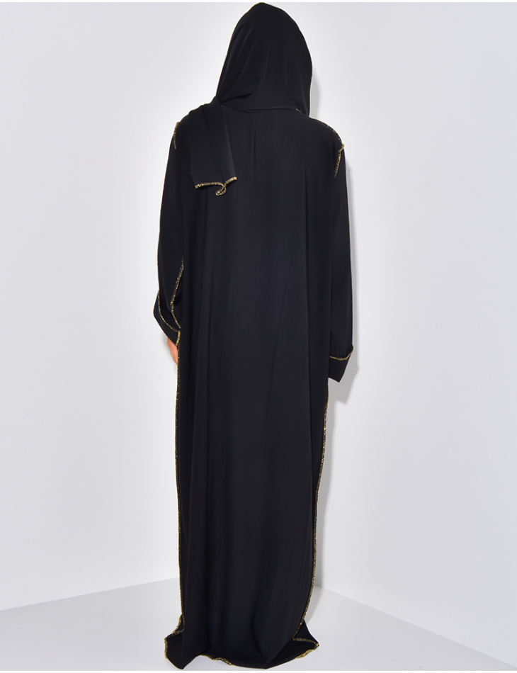 Abaya dress with integrated veil and contrasting gold stitching