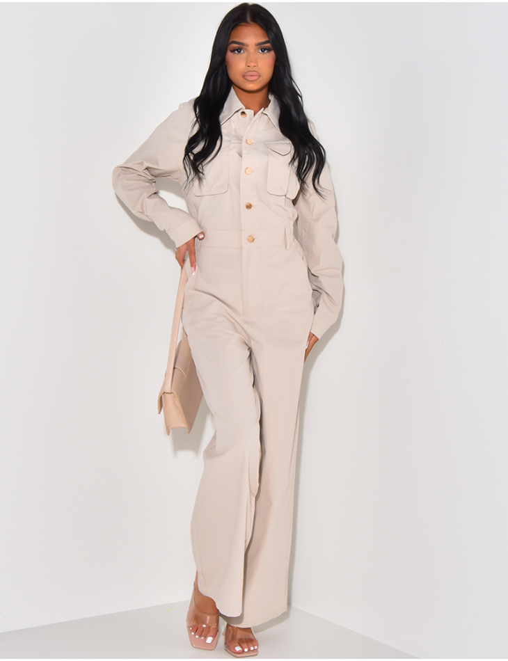Long jumpsuit with gold buttons & cargo pockets