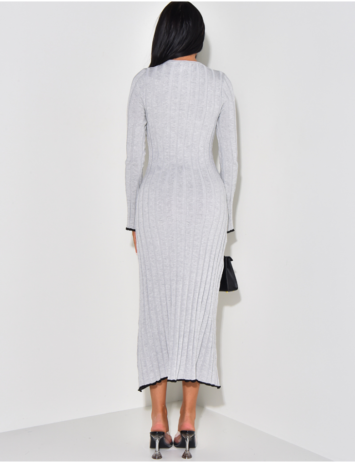 Rib knit flared maxi dress with contrasting trims