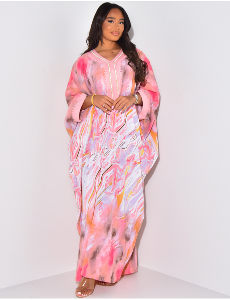 Loose-fitting abaya with printed & embroidered motifs
