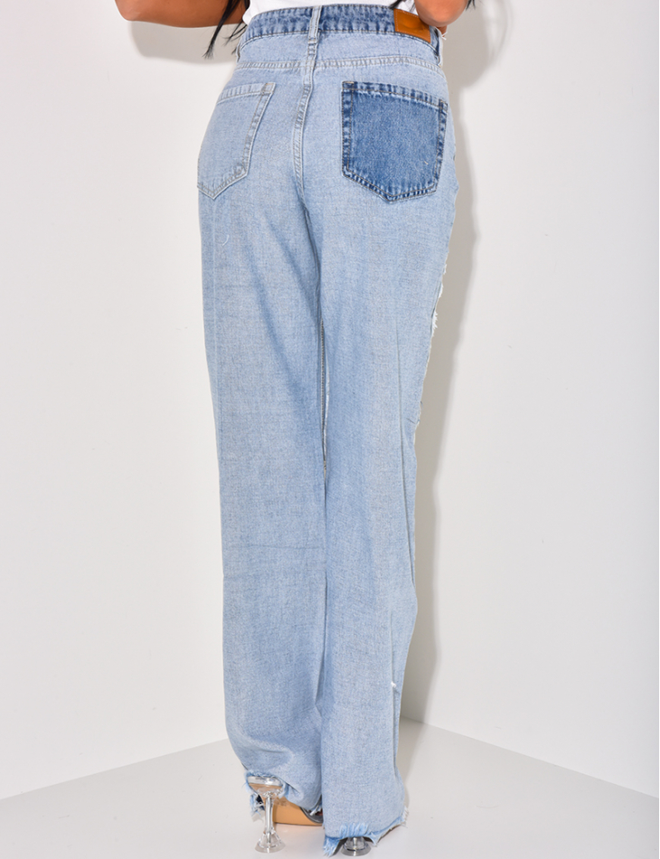 Washed straight-leg jeans with contrasting inserts