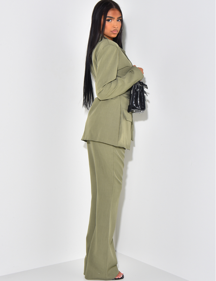 Suit with wide belt and linen-effect flared trousers