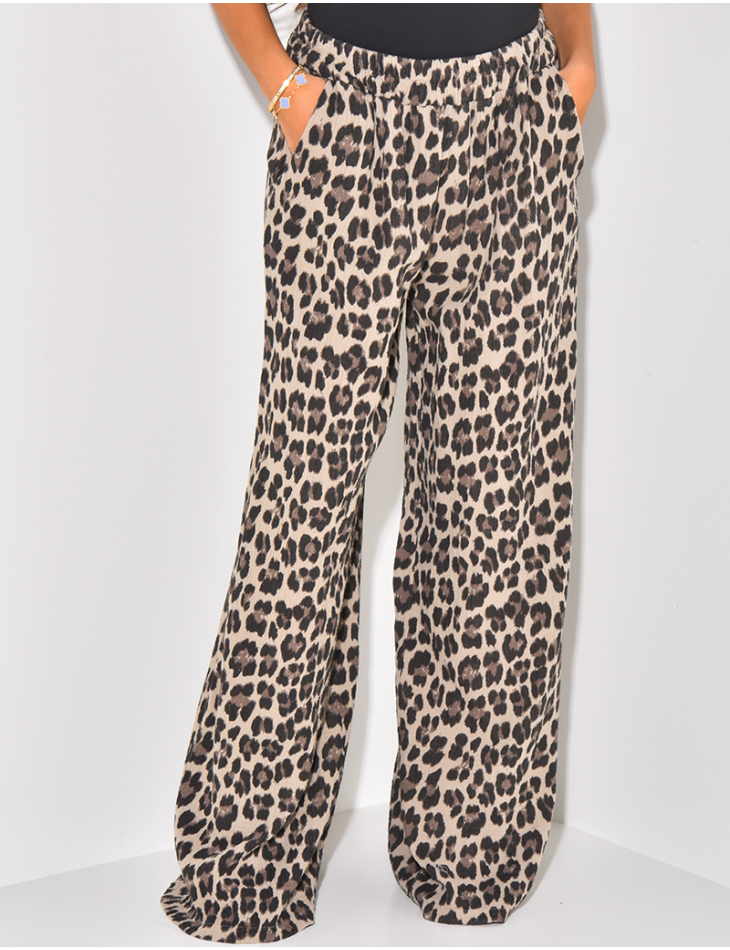 Cotton gauze trousers with leopard print