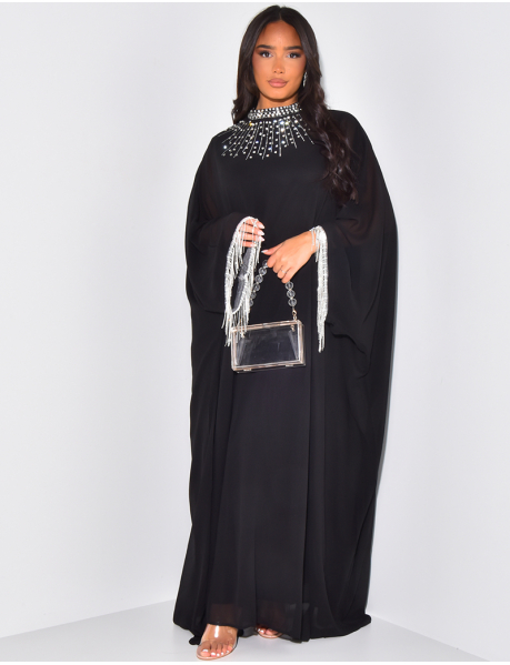 Abaya en voile fluide à strass & franges brillantes
