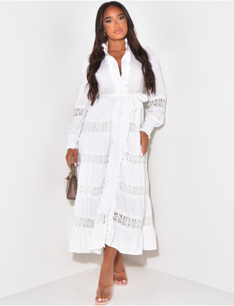 Long shirt dress with embroidery to tie at waist